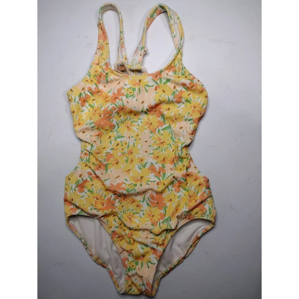 Art Class Girls Yellow Floral Ribbed One Piece Swimsuit Cutout Back Size L 10/12